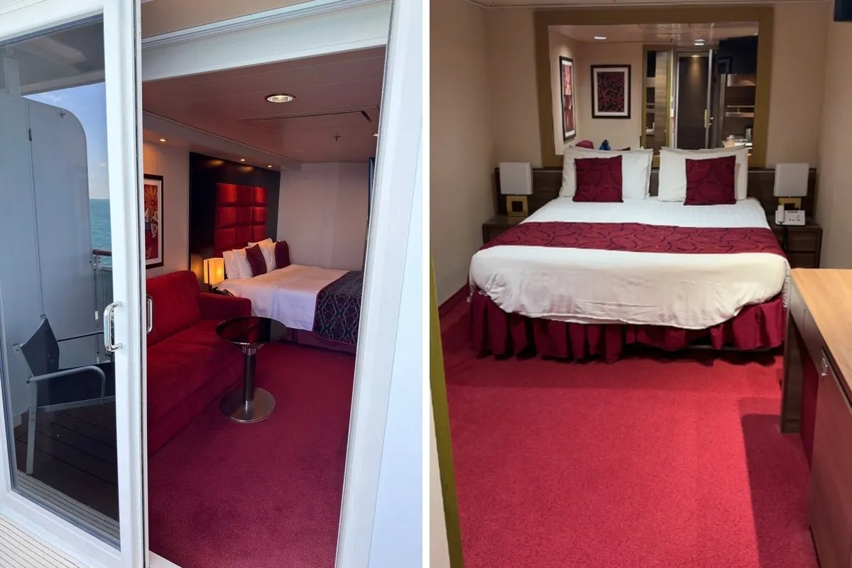 Comparación de dos cabinas de crucero: a la izquierda, cabina con balcón del MSC Preziosa; a la derecha, cabina interior del MSC Fantasia